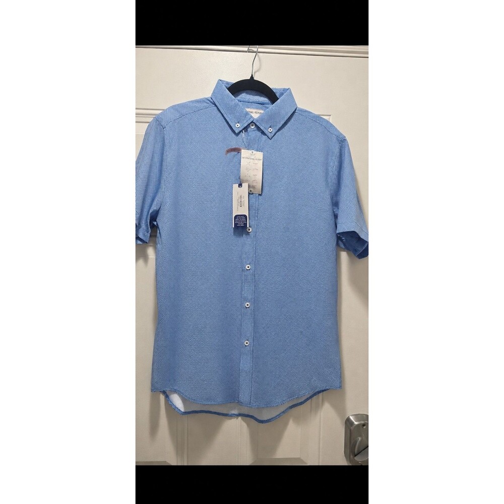 International Report 4Way Stretch Shirt Men LARGE Royal Blue Geo Button Down NWT